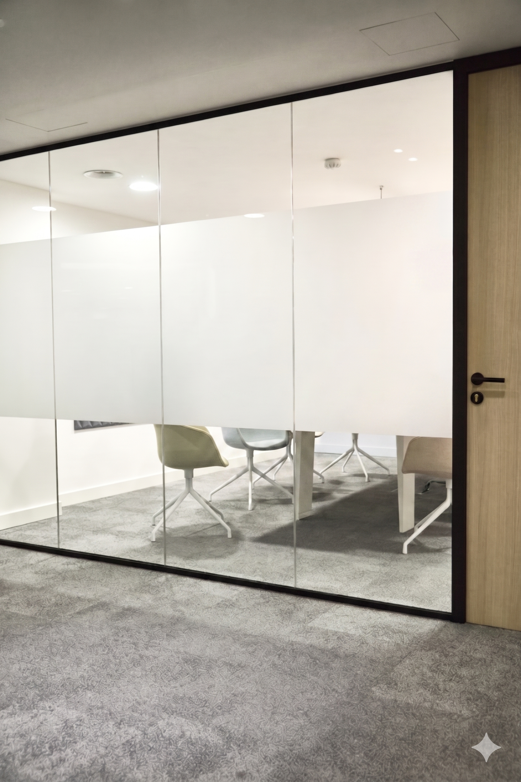 Silhouettes behind frosted glass privacy screen